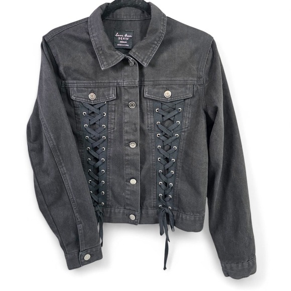 Love Tree Denim Jacket Medium Black Lace Up Sides and Back Jean Jacket - Picture 1 of 8